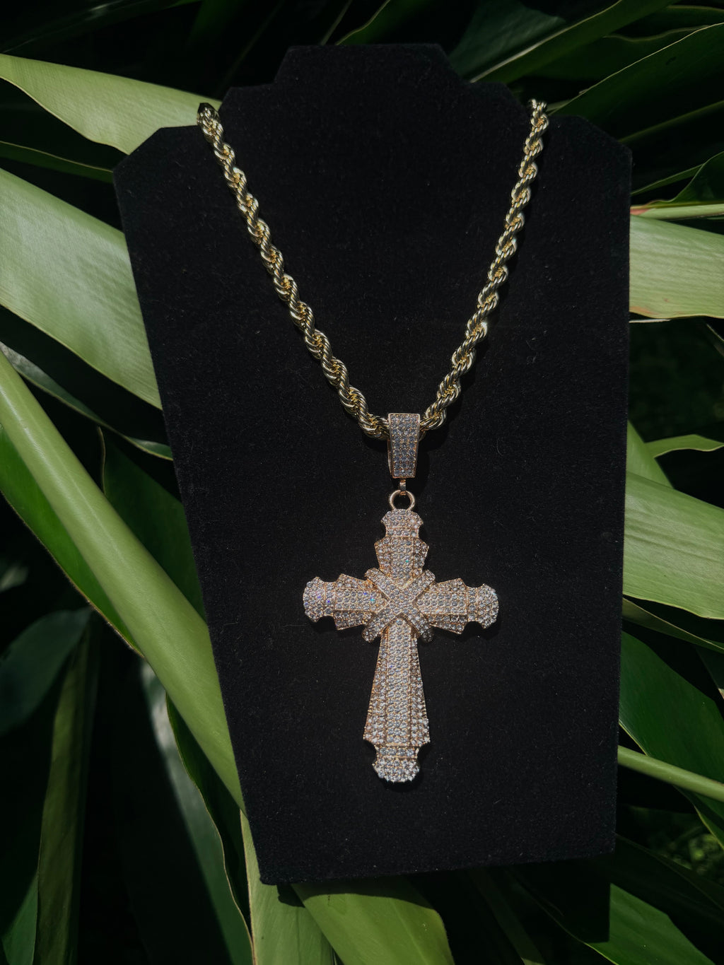 14k Gold Filled Rope Chain Necklace with Iced Out Cubic Zirconia Cross Pendant