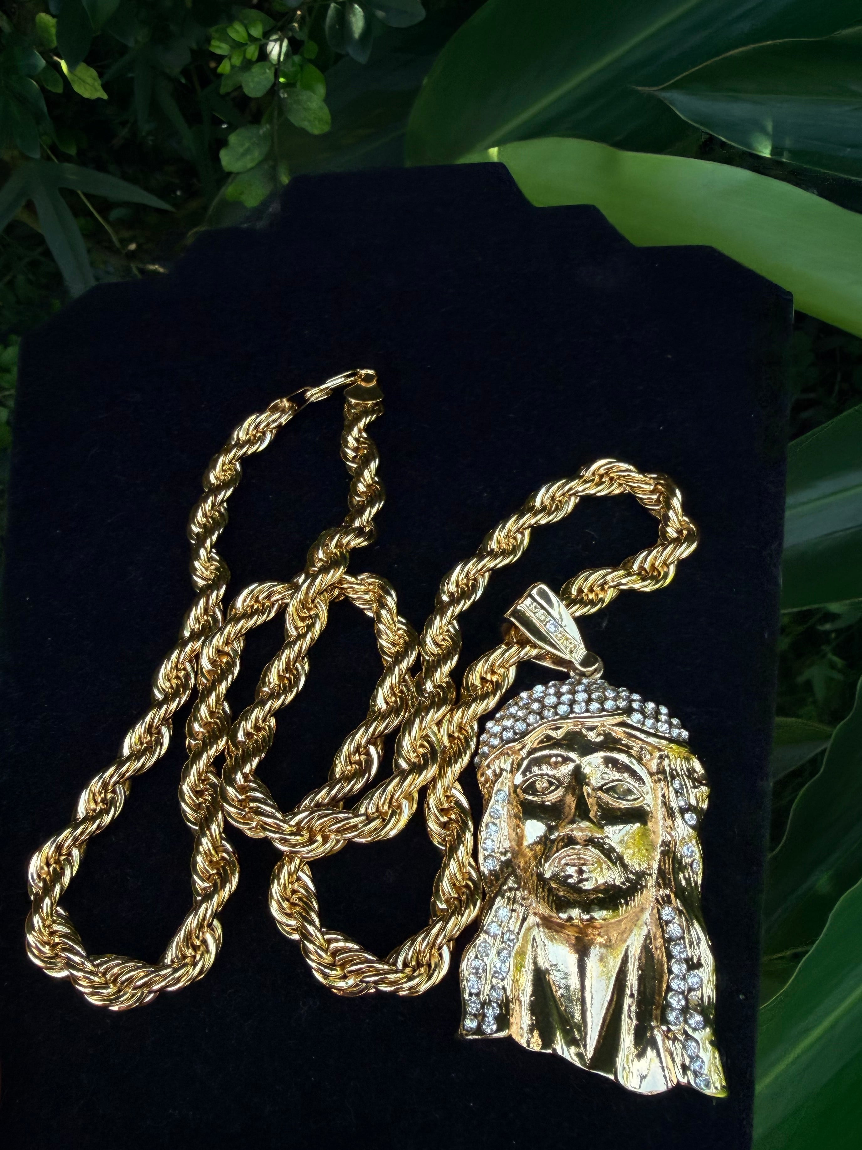 14K Gold Filled Rope Chain with Iced Out Jesus Head Pendant – 9mm Wide, 30 Inches Long