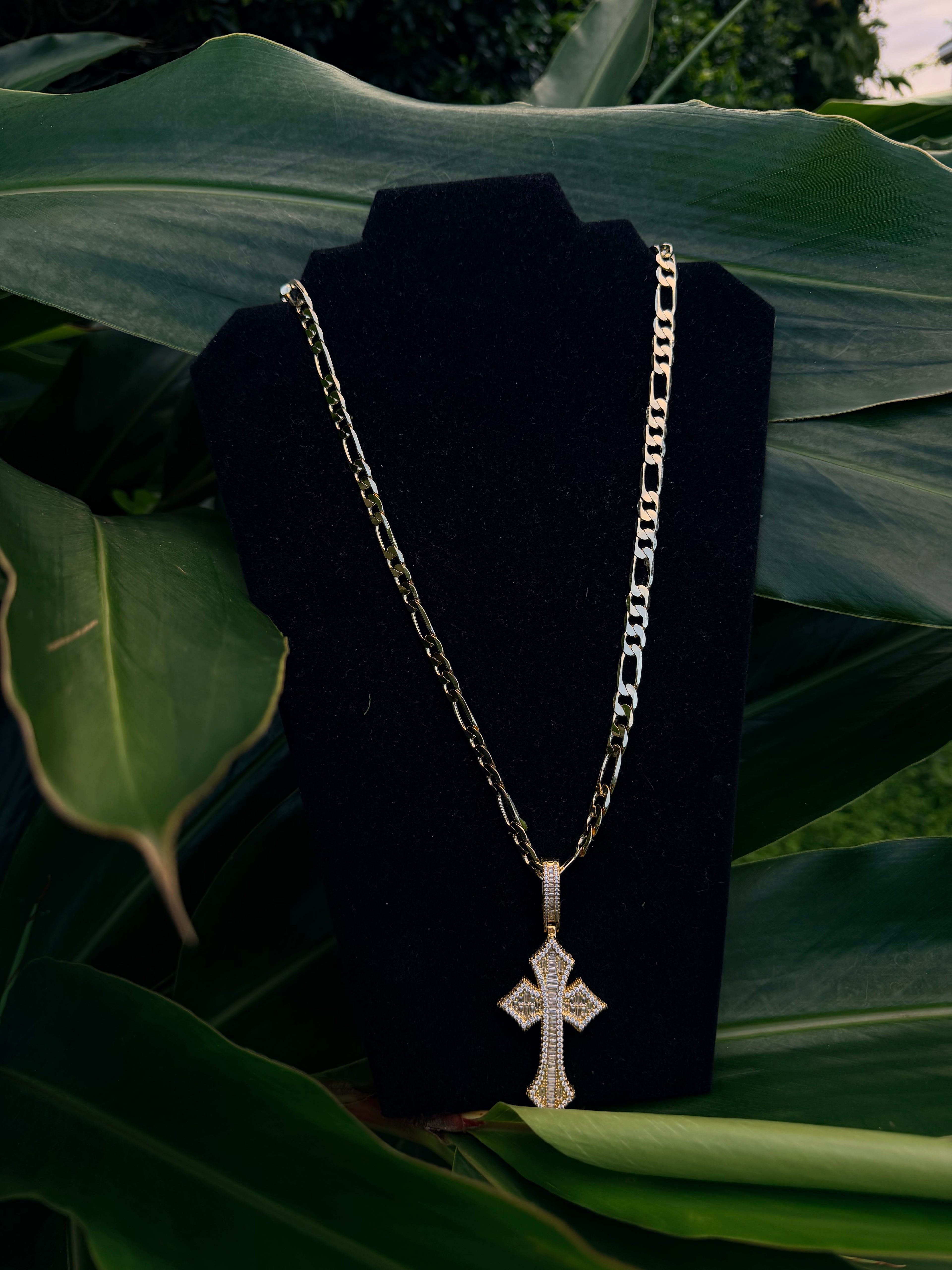 Figaro Link Chain with Iced Out Cross Pendant in 14K Gold Filled Metal