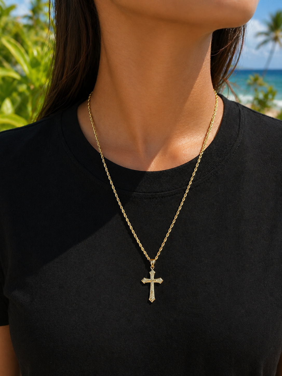 10k Gold 16-Inch Diamond Cut Rope Chain with Clean Cut Cross Pendant