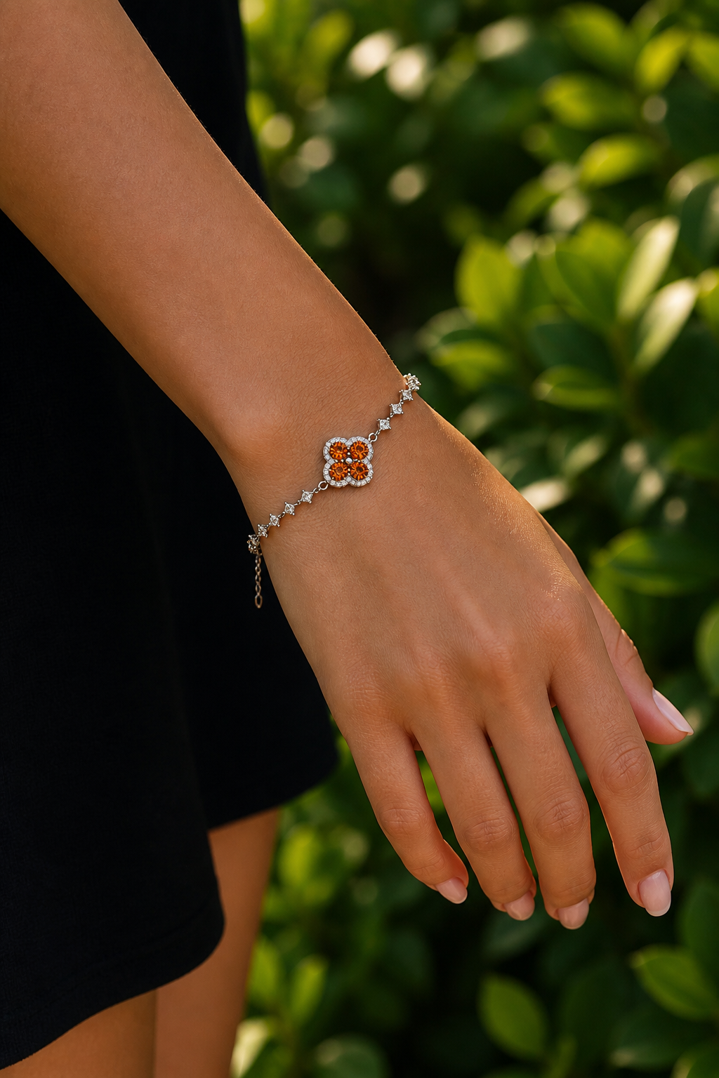 Genuine Orange Four-Leaf Clover Moissanite Bracelet in 925 Sterling Silver, Adjustable 7-8 Inch Chain