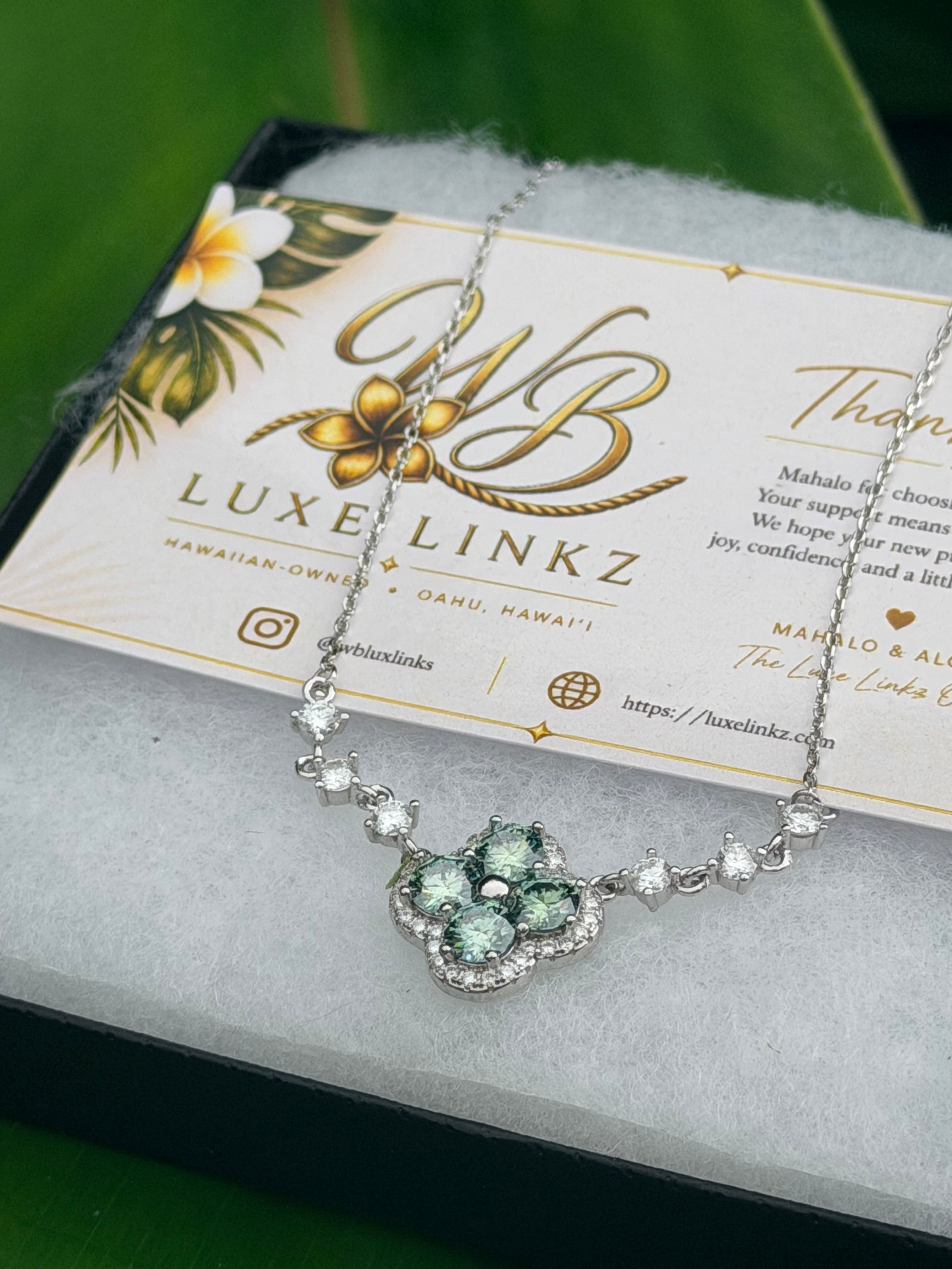 Baby Blue Four-Leaf Clover Genuine Moissanite Necklace with Adjustable 925 Sterling Silver Chain