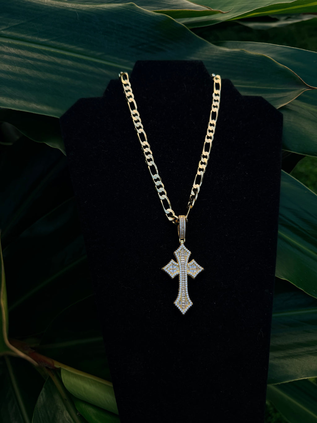 Figaro Link Chain with Iced Out Cross Pendant in 14K Gold Filled Metal