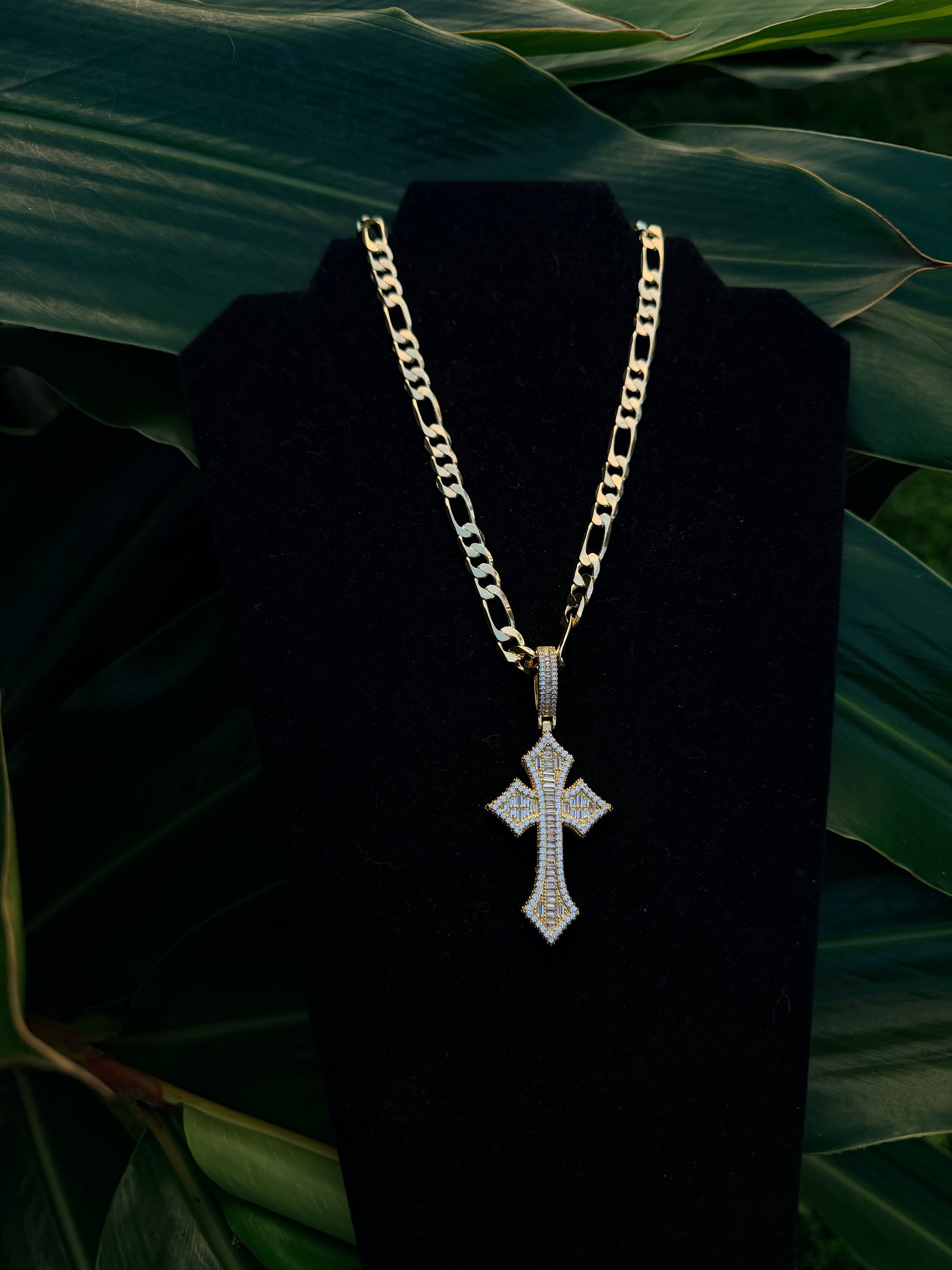 Figaro Link Chain with Iced Out Cross Pendant in 14K Gold Filled Metal