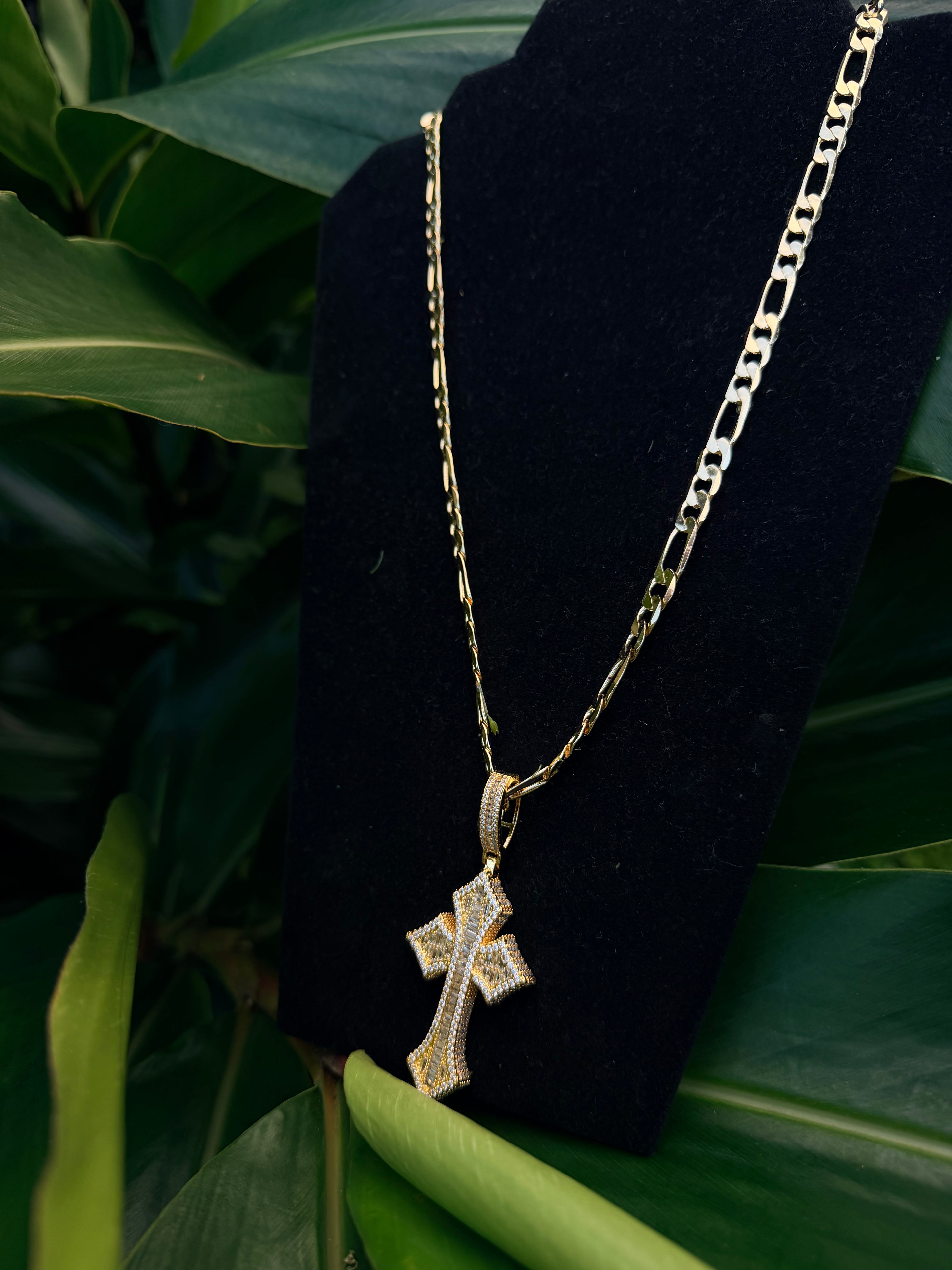 Figaro Link Chain with Iced Out Cross Pendant in 14K Gold Filled Metal