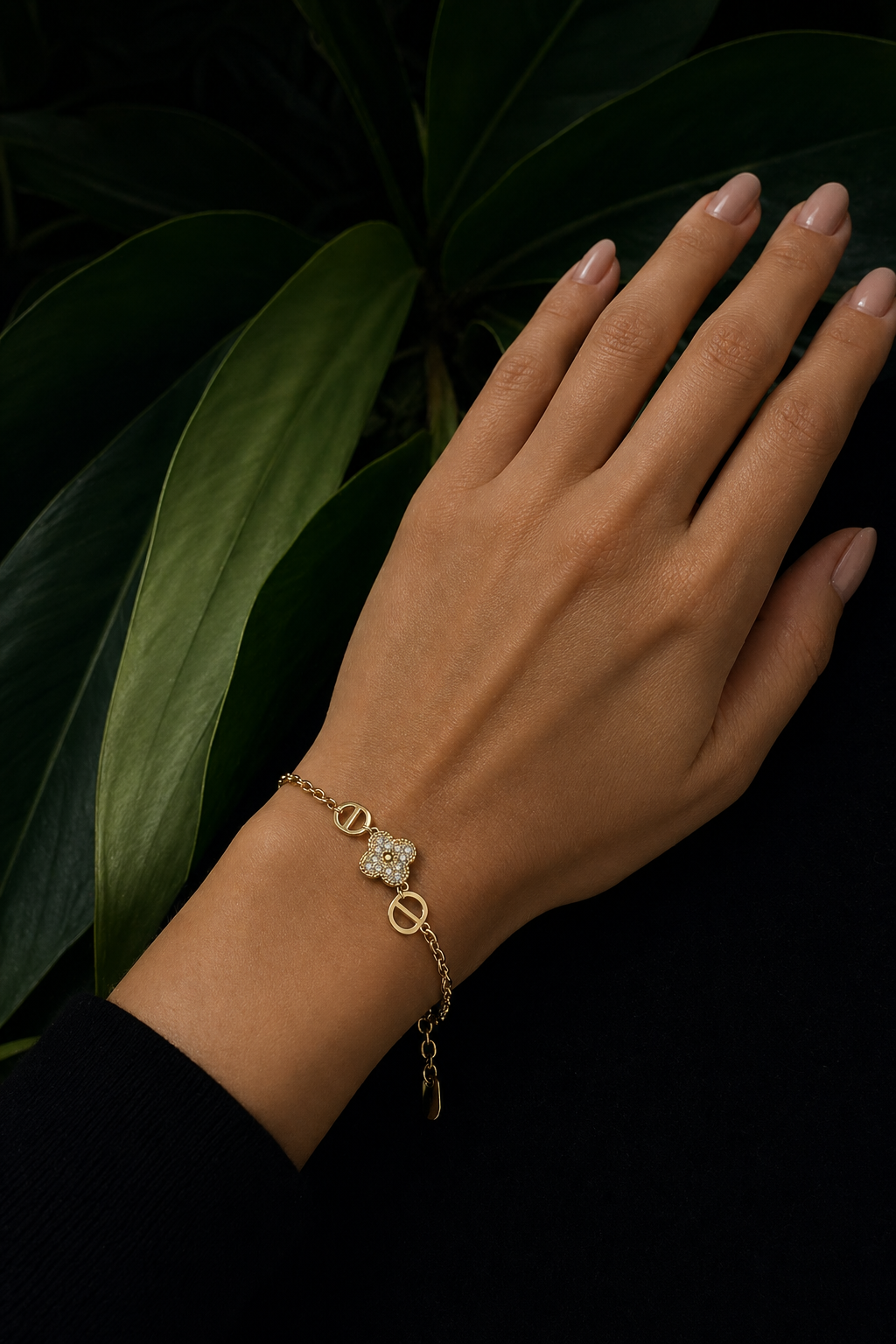14K Gold Filled Clover Moissanite Bracelet – Adjustable 6-8 Inch, Tarnish Resistant, Hypoallergenic
