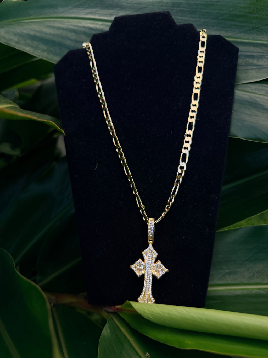 Figaro Link Chain with Iced Out Cross Pendant in 14K Gold Filled Metal