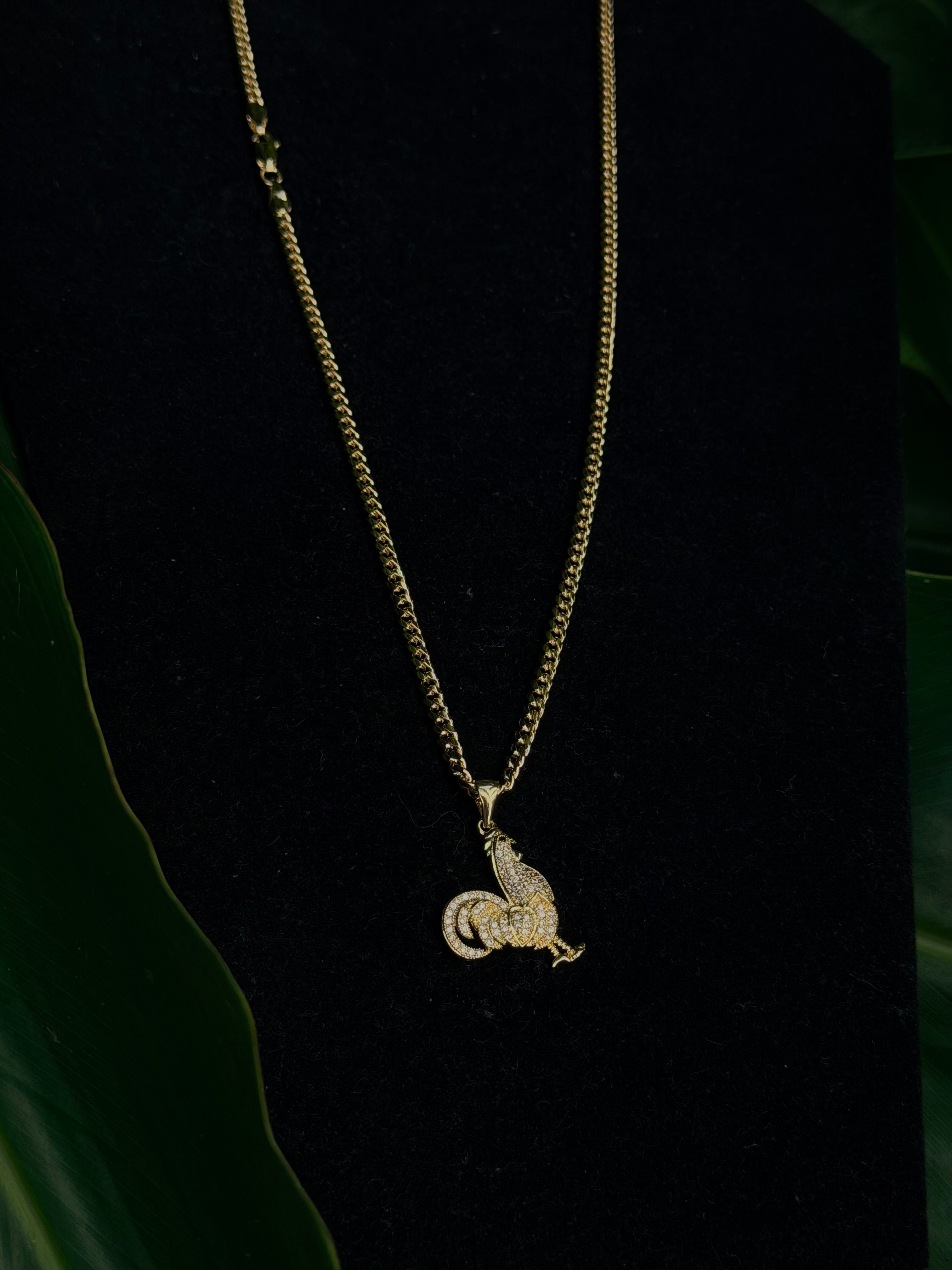 Cuban Link Iced Out Rooster Jewelry Set – 14K Gold Filled Chain with Diamond-Accented Rooster Pendant