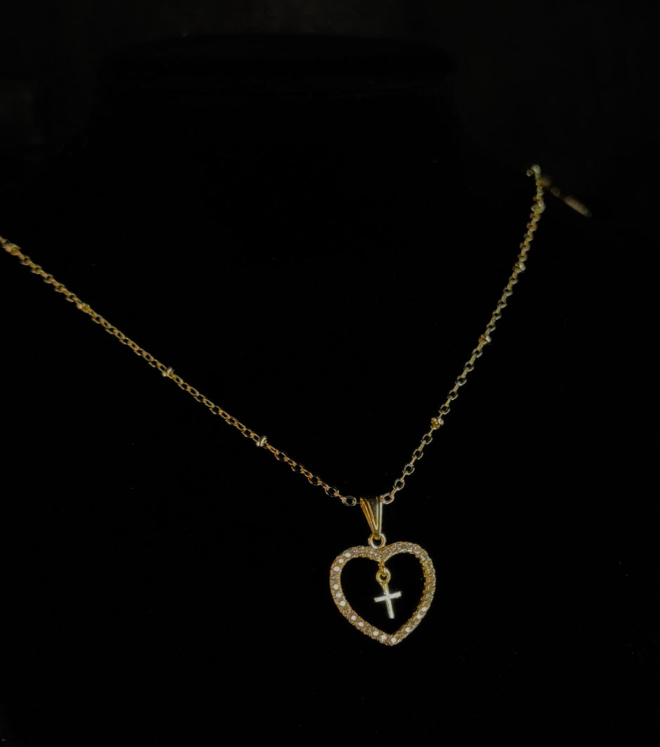For The Love Of God- Beaded Link with Moissanite Heart Cross Pendant