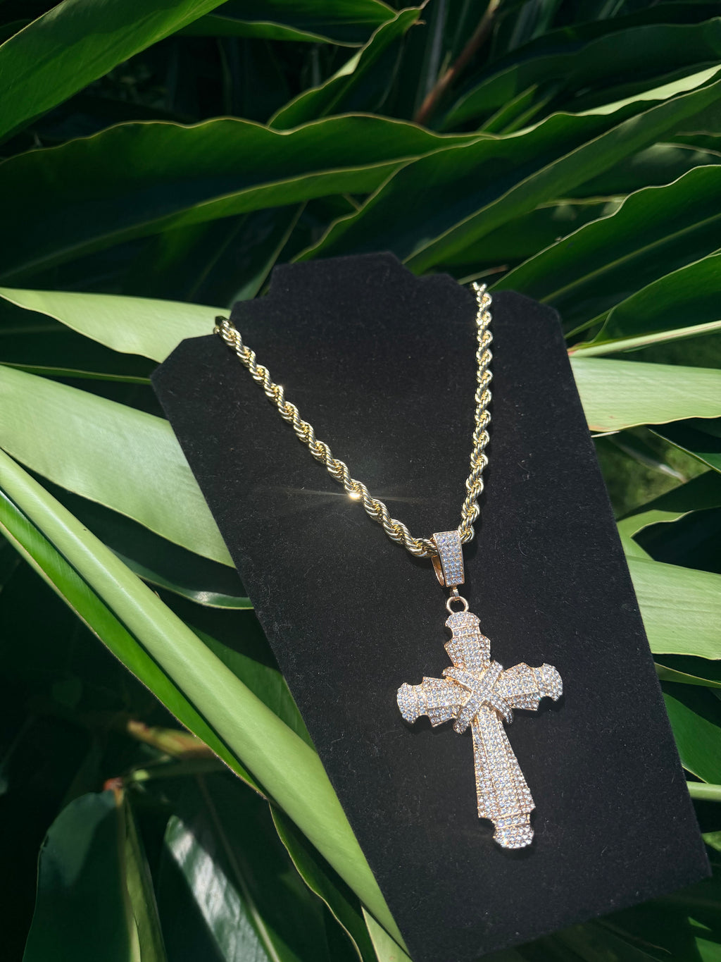 14k Gold Filled Rope Chain Necklace with Iced Out Cubic Zirconia Cross Pendant