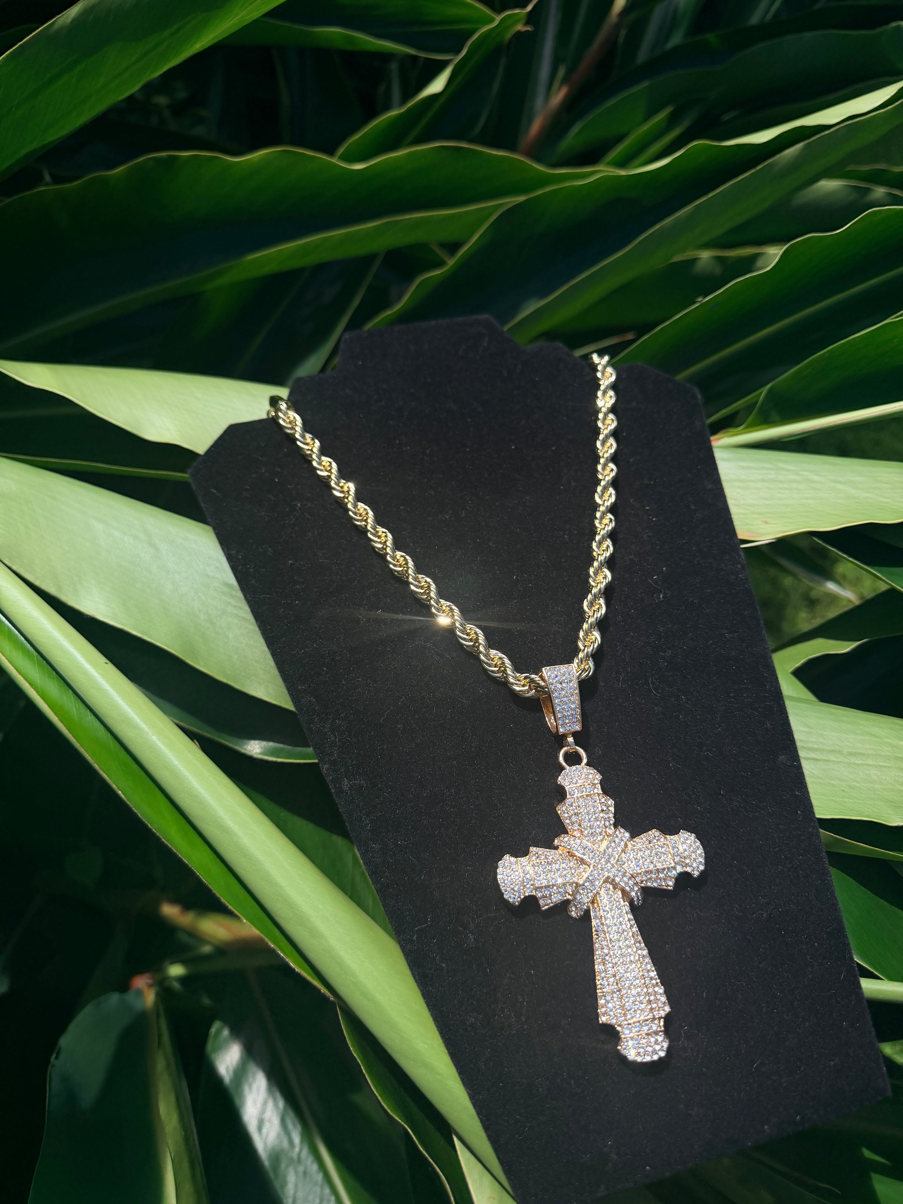 14k Gold Filled Rope Chain Necklace with Iced Out Cubic Zirconia Cross Pendant