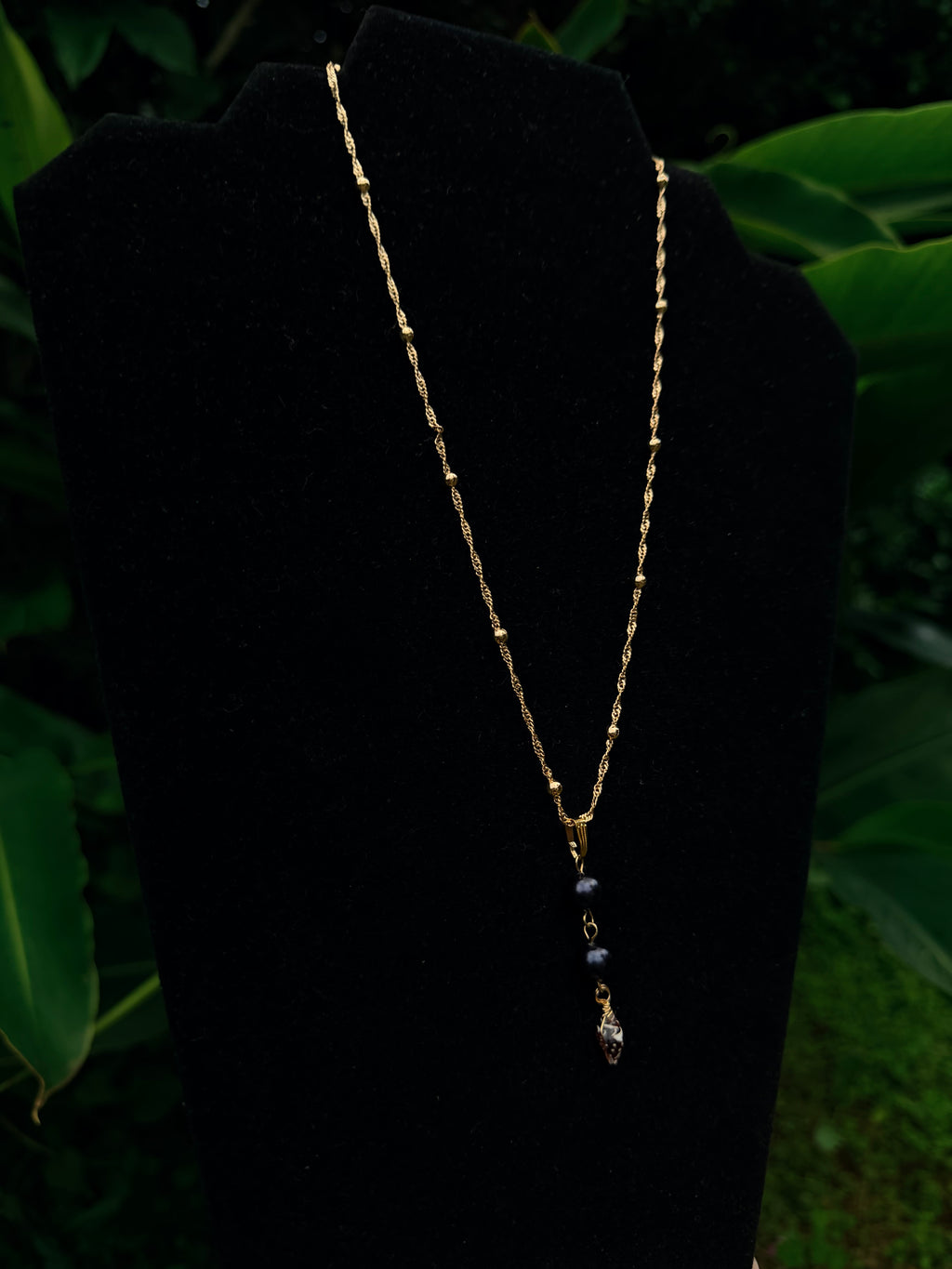 14K Gold Filled Twist Rope Necklace with Dark Pearls and Shell Drops