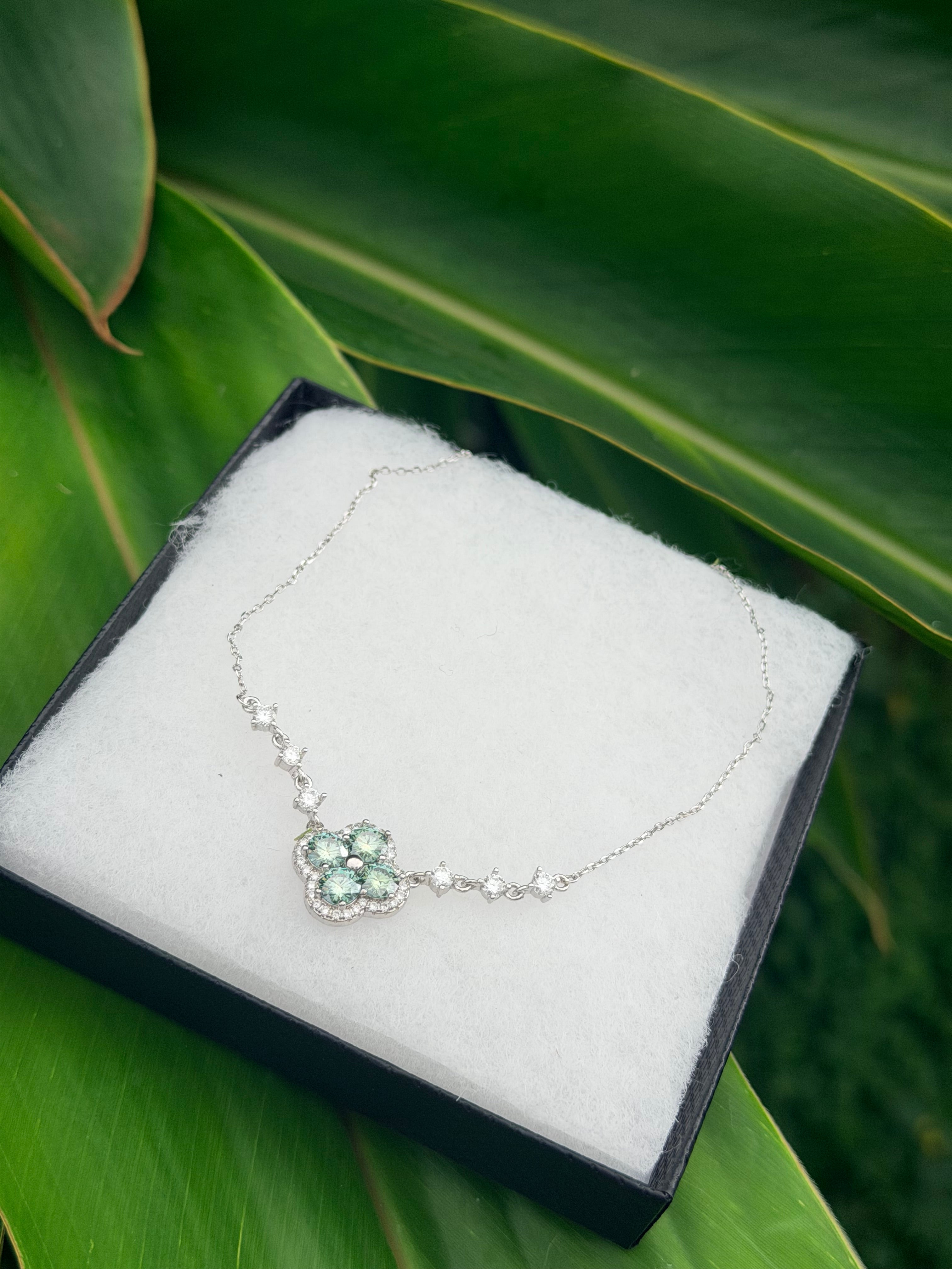 Baby Blue Four-Leaf Clover Genuine Moissanite Necklace with Adjustable 925 Sterling Silver Chain