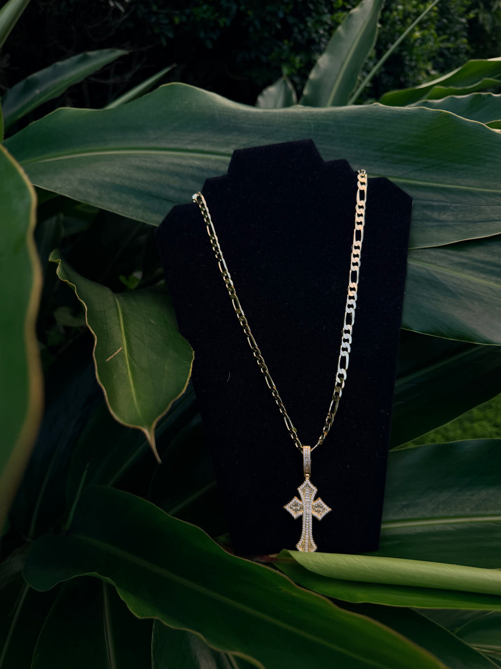 Figaro Link Chain with Iced Out Cross Pendant in 14K Gold Filled Metal