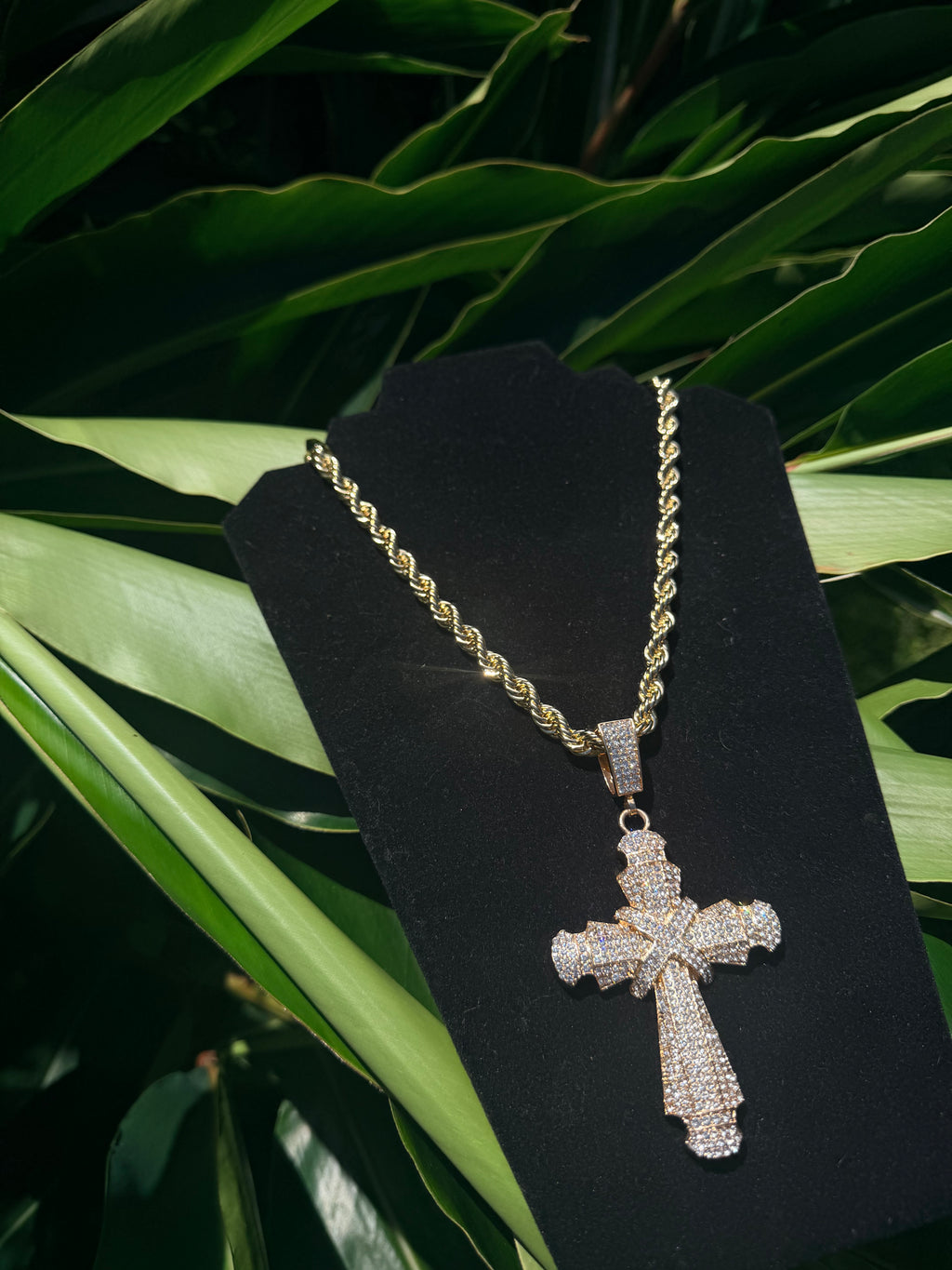 14k Gold Filled Rope Chain Necklace with Iced Out Cubic Zirconia Cross Pendant