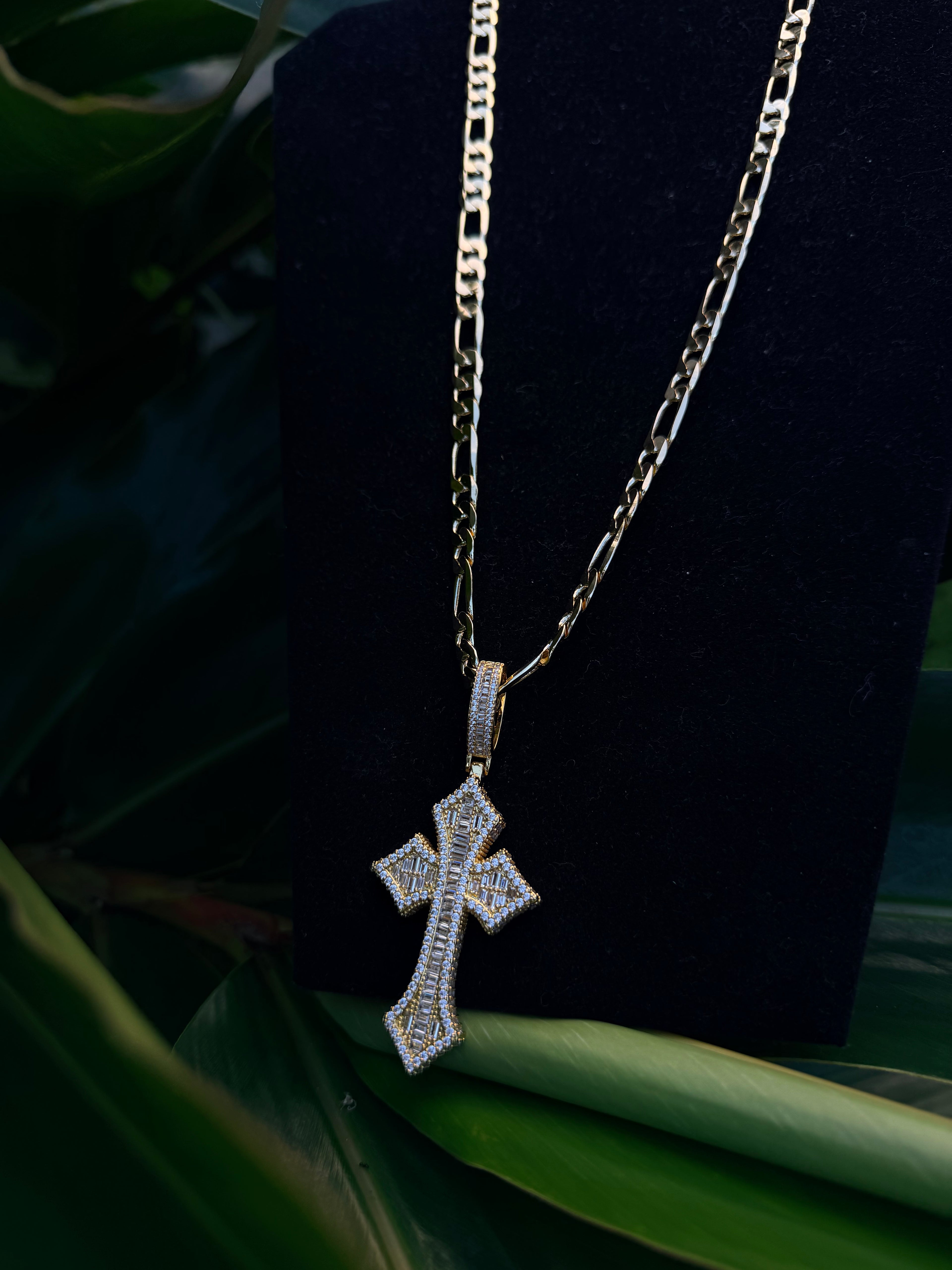 Figaro Link Chain with Iced Out Cross Pendant in 14K Gold Filled Metal