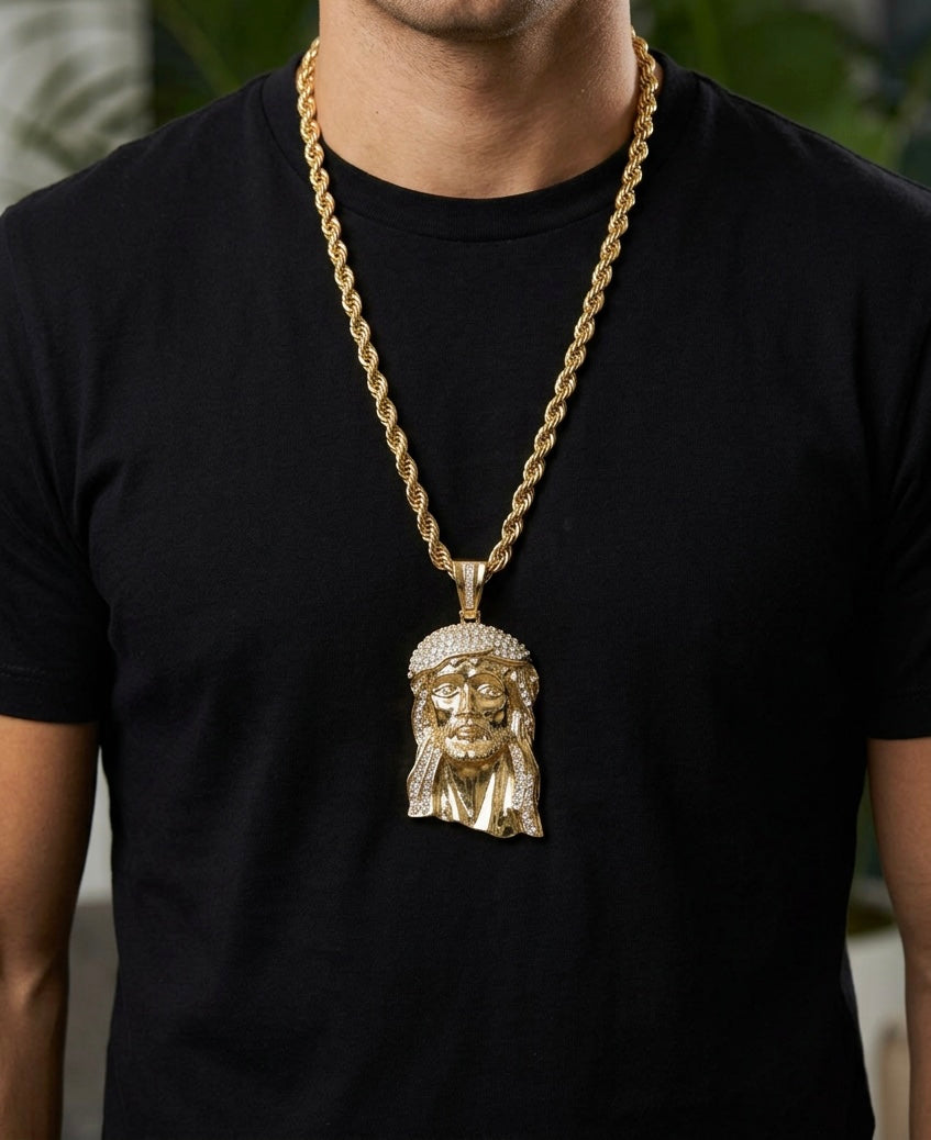 14K Gold Filled Rope Chain with Iced Out Jesus Head Pendant – 9mm Wide, 30 Inches Long