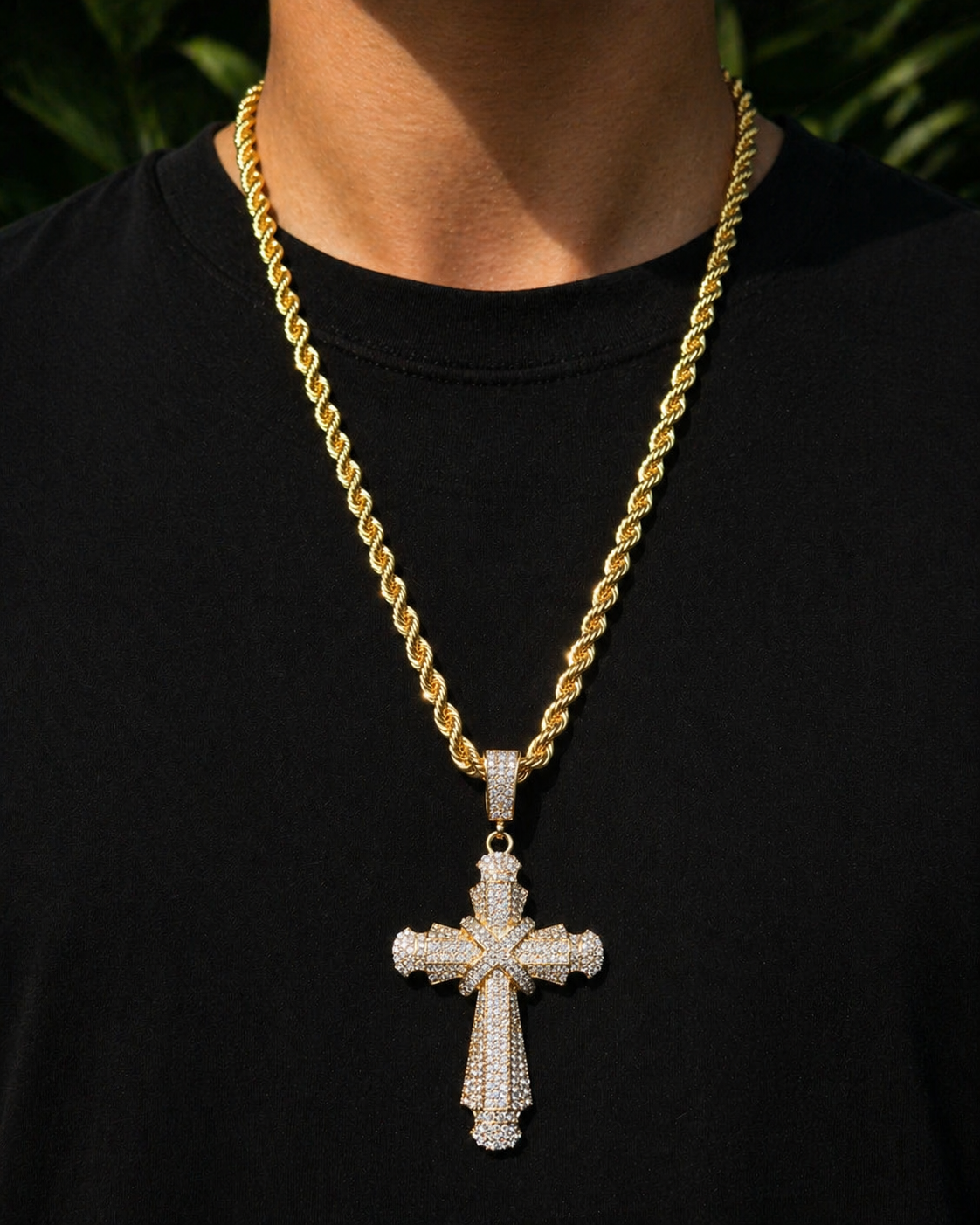 14k Gold Filled Rope Chain Necklace with Iced Out Cubic Zirconia Cross Pendant