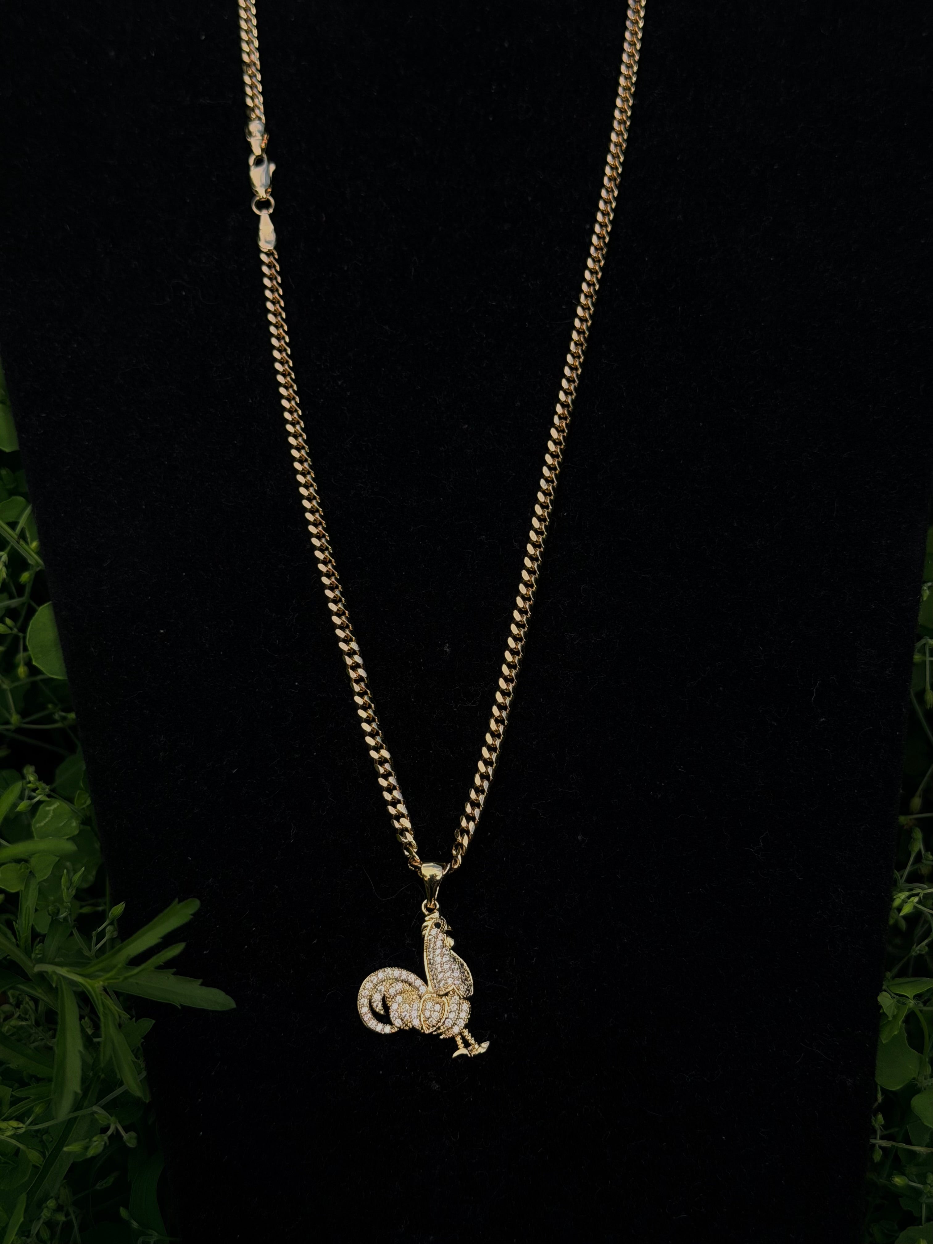 Cuban Link Iced Out Rooster Jewelry Set – 14K Gold Filled Chain with Diamond-Accented Rooster Pendant