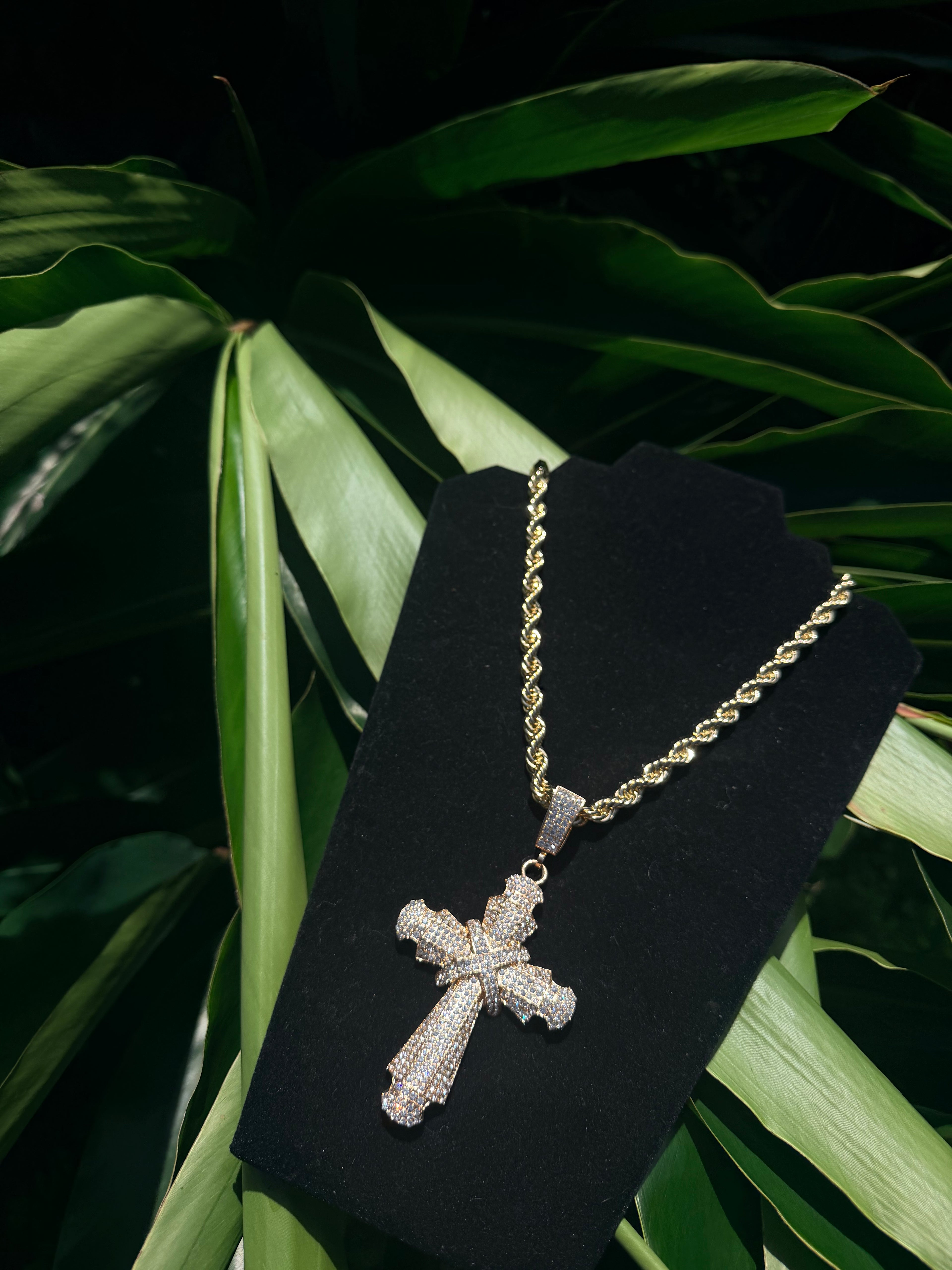 14k Gold Filled Rope Chain Necklace with Iced Out Cubic Zirconia Cross Pendant