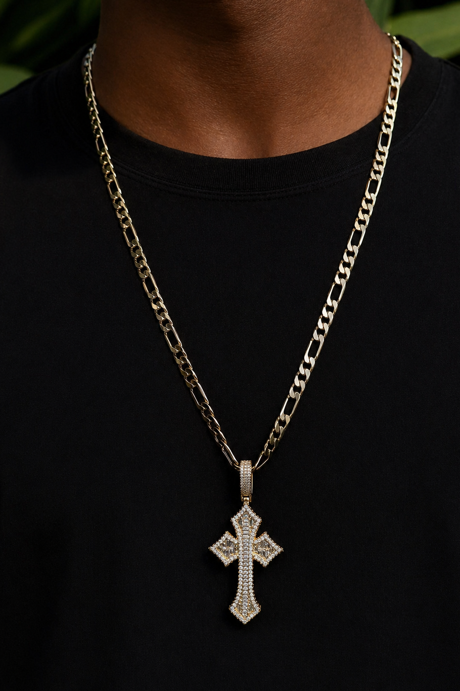 Figaro Link Chain with Iced Out Cross Pendant in 14K Gold Filled Metal