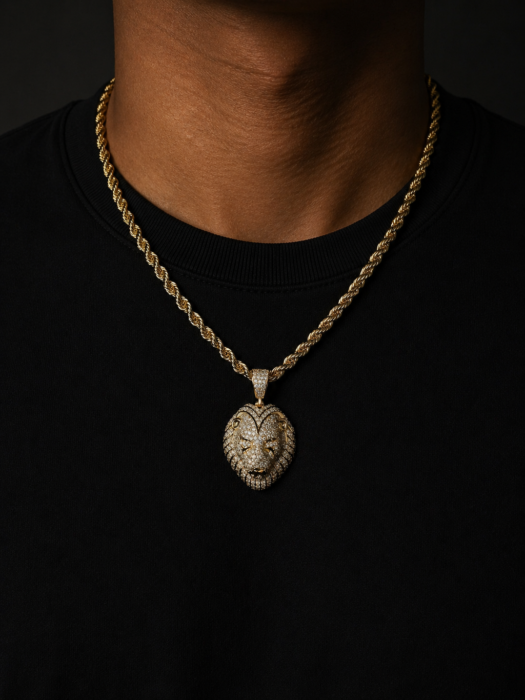King of the Jungle Rope Link Necklace – 24-Inch 14K Gold Filled Chain with Moissanite Accented Lion Head Pendant
