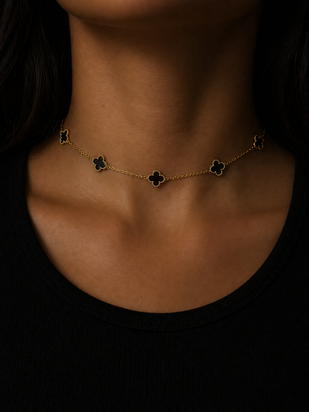Black Clover Link Necklace with 14k Gold-Filled Cable Chain and Black Four-Leaf Clover Pendant