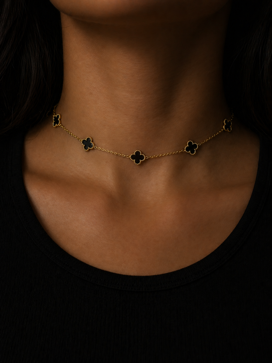 Black Clover Link Necklace with 14k Gold-Filled Cable Chain and Black Four-Leaf Clover Pendant
