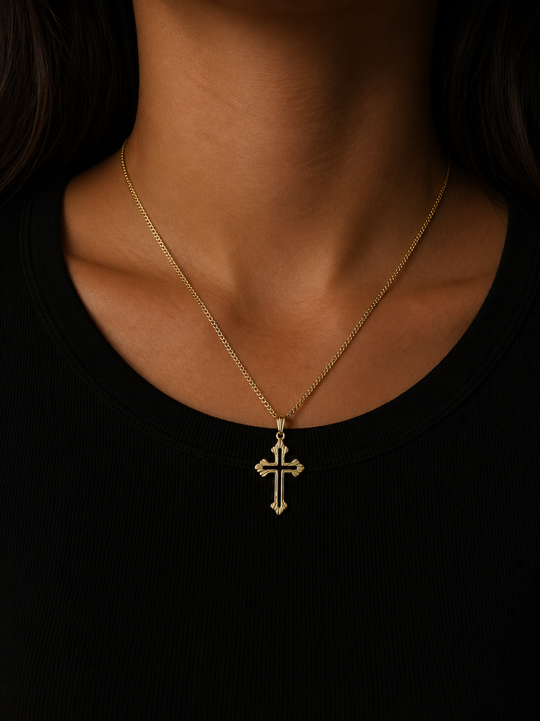 Cuban Cross 14k Gold-Filled Necklace with Cuban Link Chain and Cross Pendant, 18-Inch Length, 1.5mm Thickness