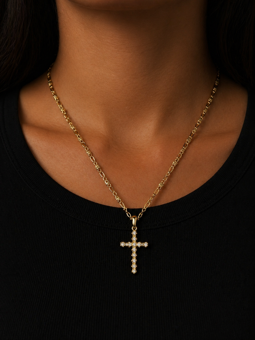 Valentino Link 14k Gold-Filled Necklace with Cross Pendant, 2mm Width, 22-inch Length, Tarnish-Resistant