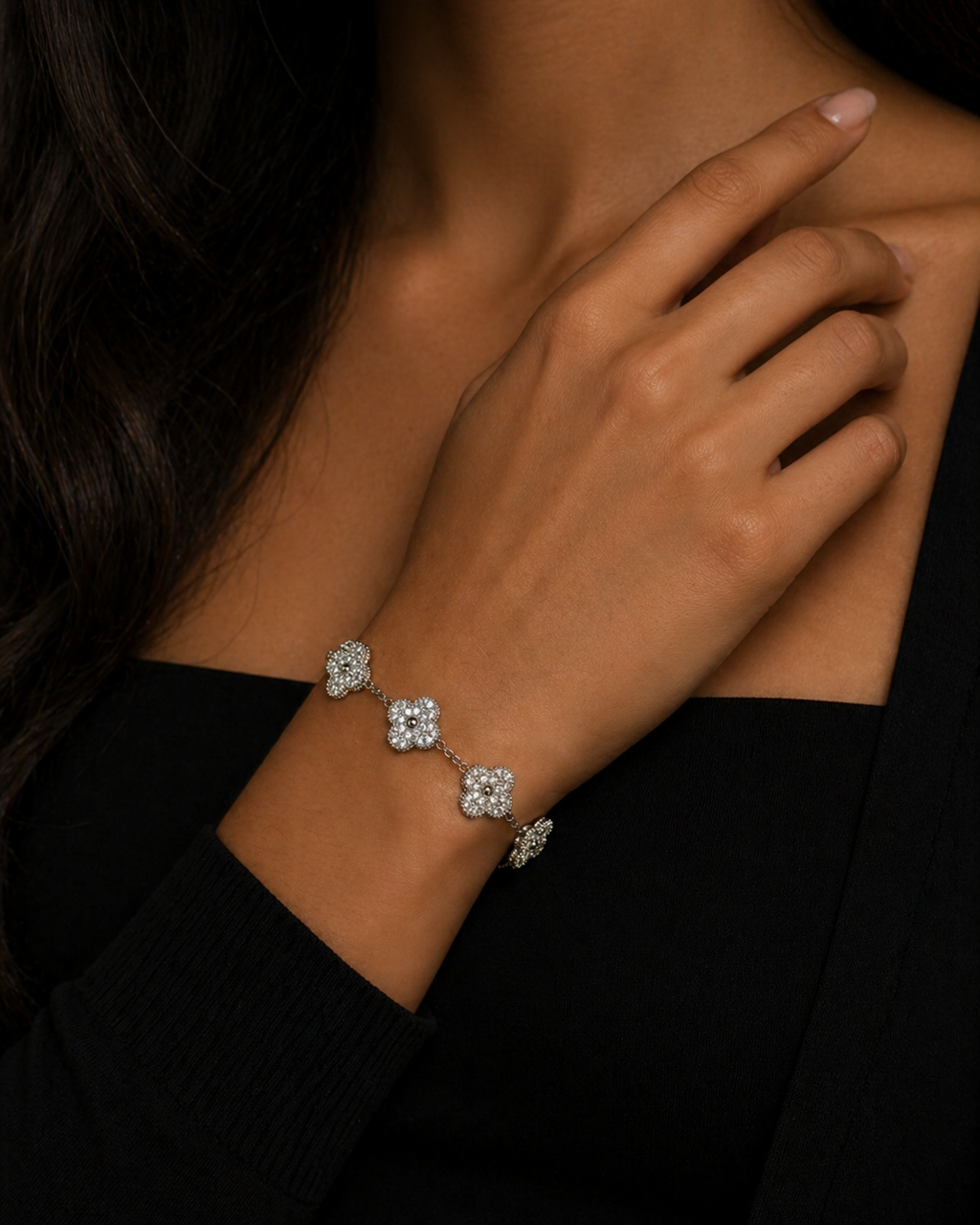 Moissanite Four Leaf Clover Bracelet in 925 Sterling Silver with Adjustable Chain 6"-8.5"