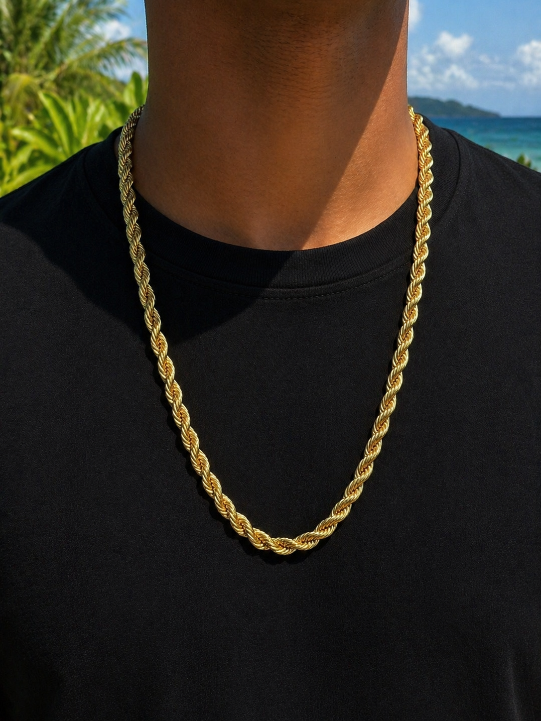 10K Solid Gold Rope Chain Necklace, Diamond Cut, 7mm Width, 26 Inches Length