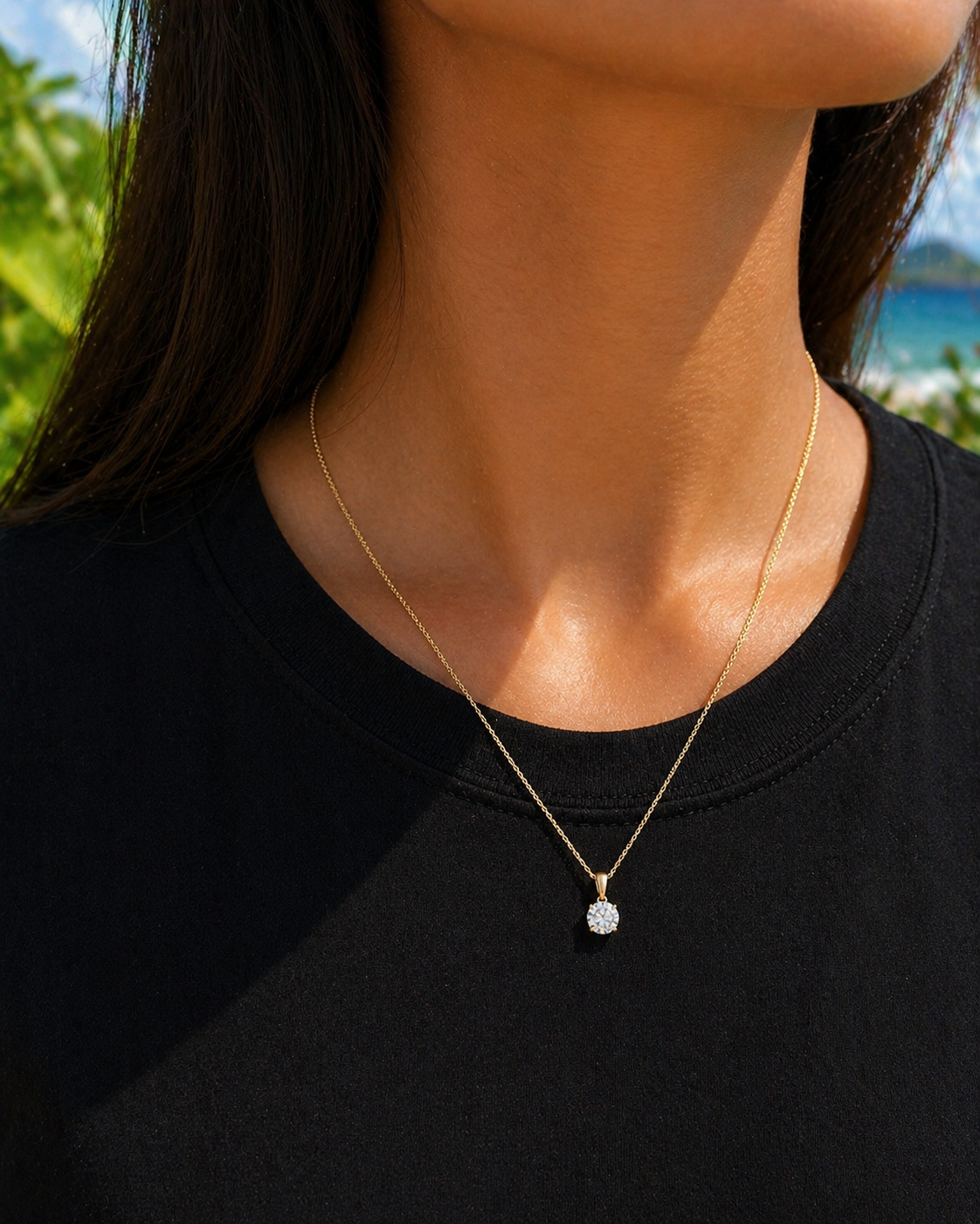 10k Solid Gold Cable Link Chain Necklace with 1.3 Carat Genuine Moissanite Pendant, 18 Inches