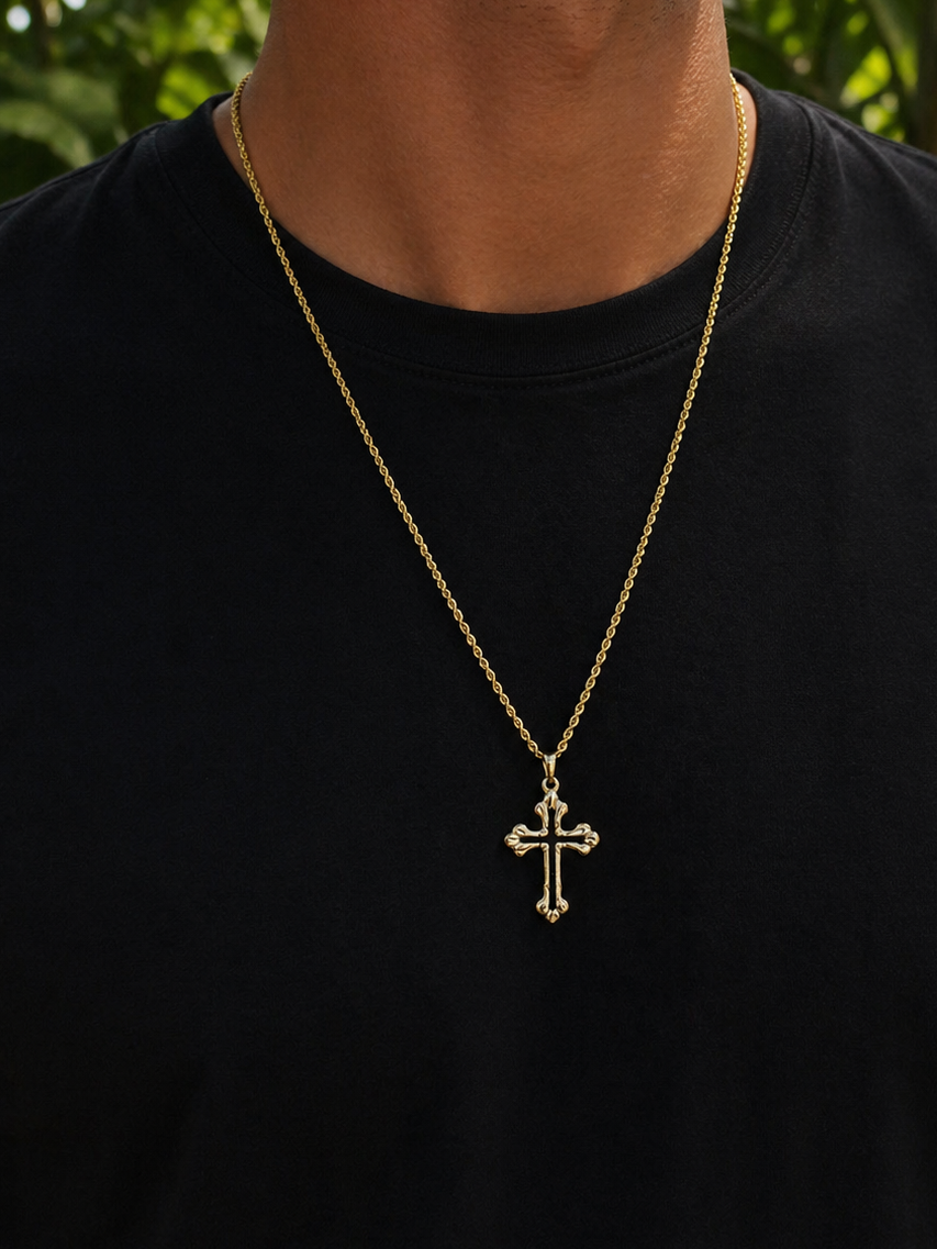 10k Solid Gold 16-Inch Diamond Cut Rope Chain Necklace with Luxe Cross Pendant