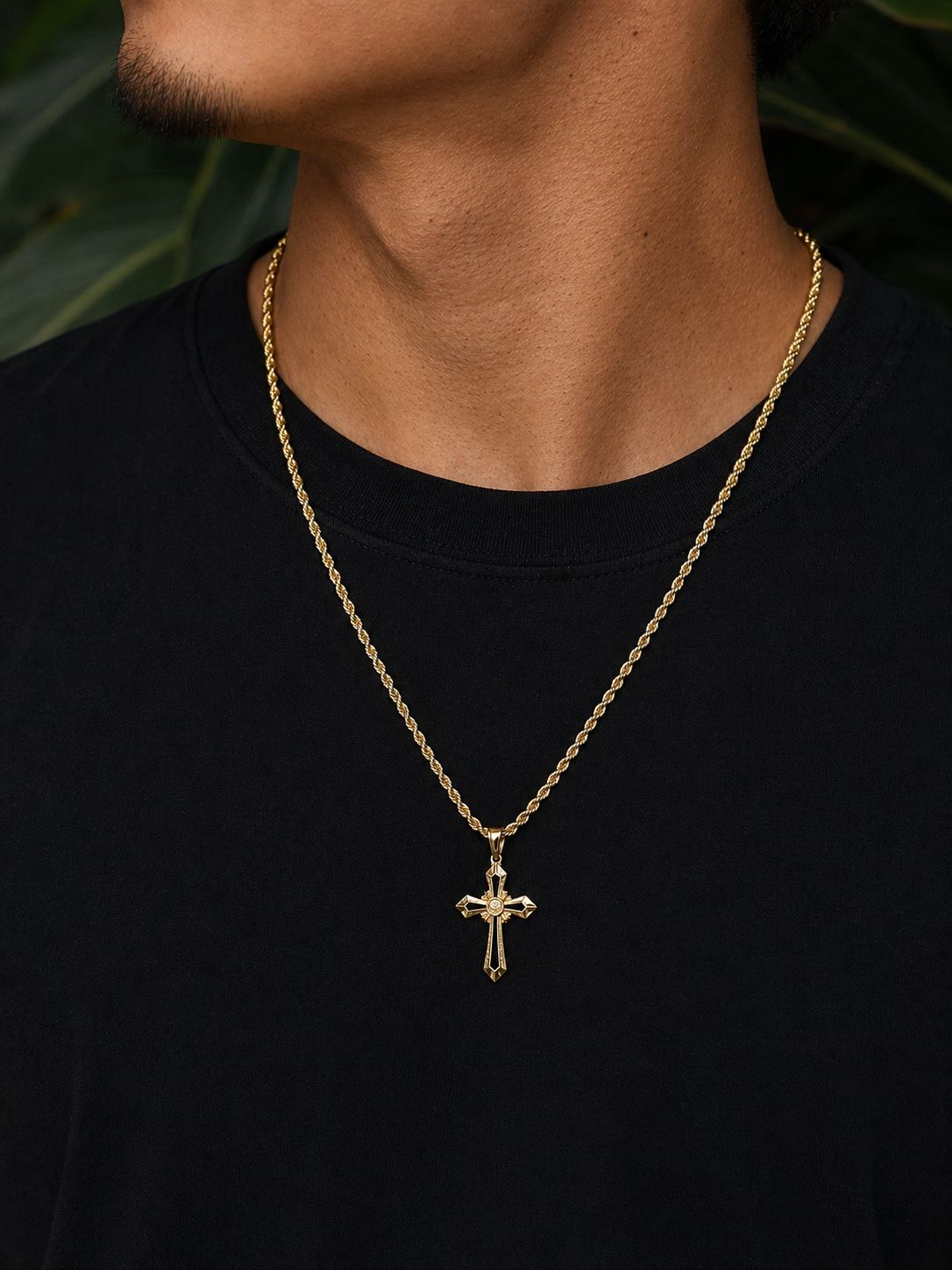 Rope Chain with Black-Cut Cross Pendant - 14K Gold Filled