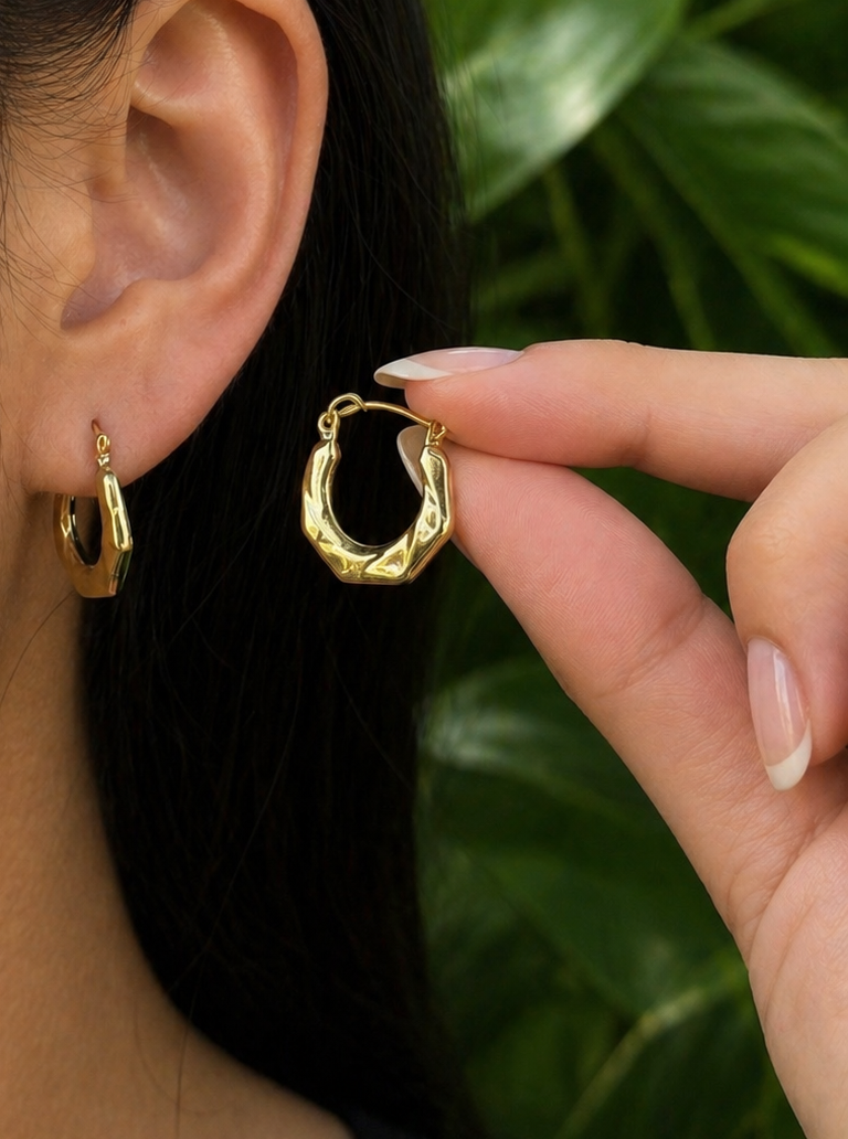 14k Solid Gold Textured Medium Hoop Earrings with Secure Latch Clasp