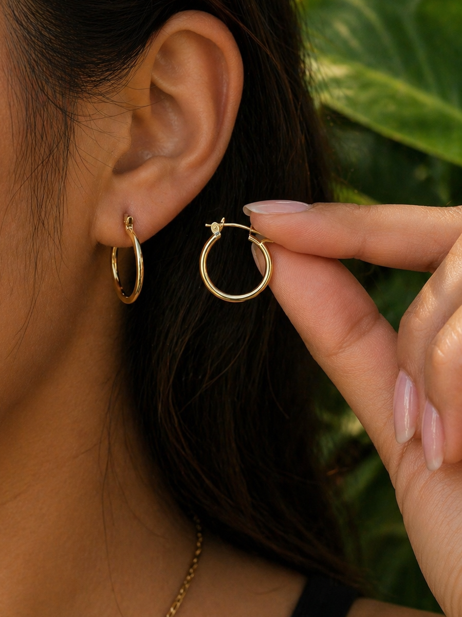 14k Solid Gold Classic Hoop Earrings, Medium Size, High-Polish Finish, Secure Latch-Back Clasp