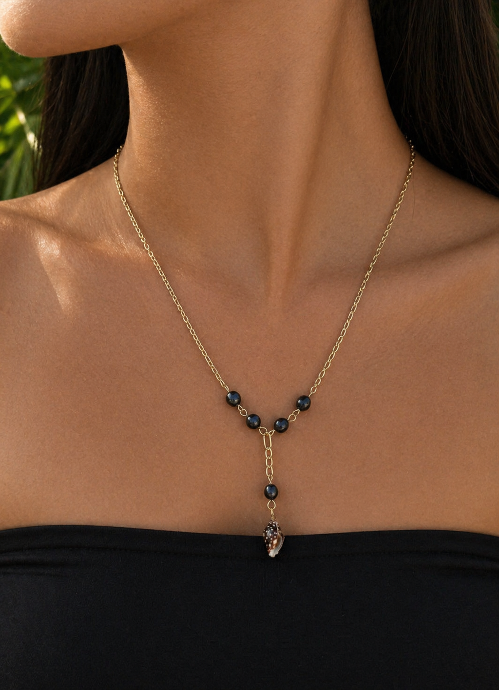 14k Gold-Filled Figaro Link Necklace with Natural Pearl Shell Pendant and Black Bead Accents