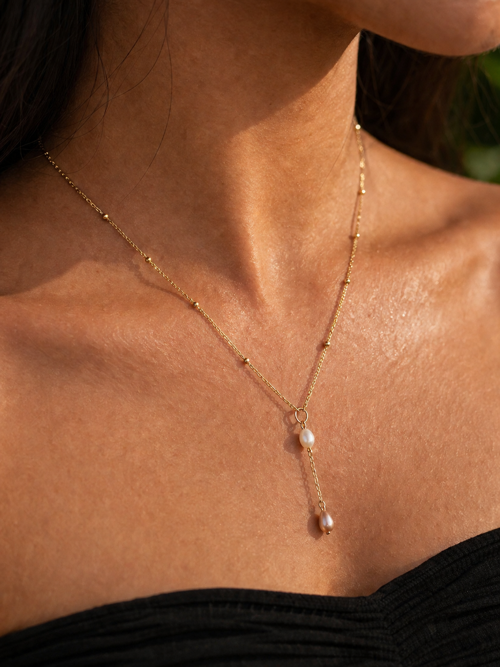 Pink Pearl Drop-Down Chain Necklace – 14K Gold Filled