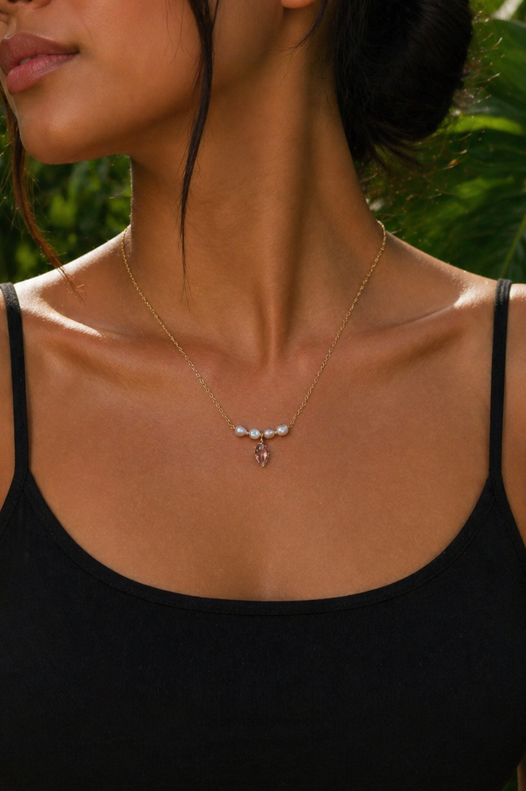 14K Gold Filled Pearl and Blush Crystal Shell Chain Necklace