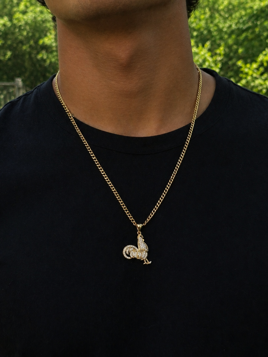 Cuban Link Iced Out Rooster Jewelry Set – 14K Gold Filled Chain with Diamond-Accented Rooster Pendant