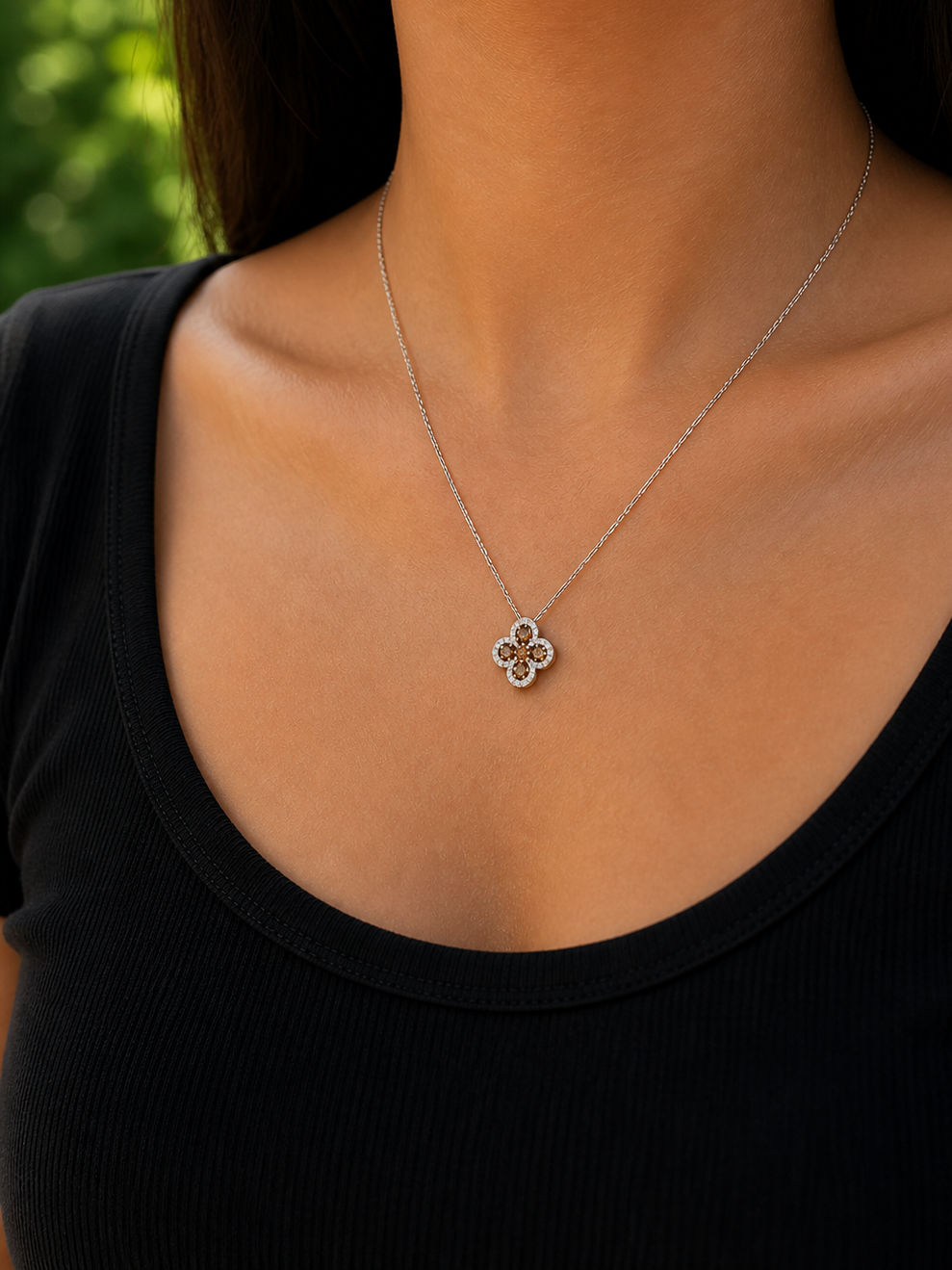 Chocolate Moissanite Clover Pendant with Cable Chain Necklace