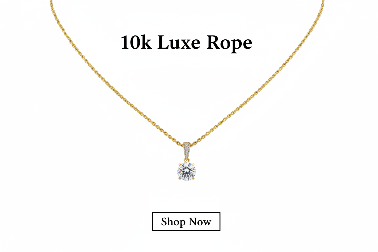 10K Gold Luxe Rope Chain Necklace with 2-Carat Moissanite – 20-inch, 1.5mm